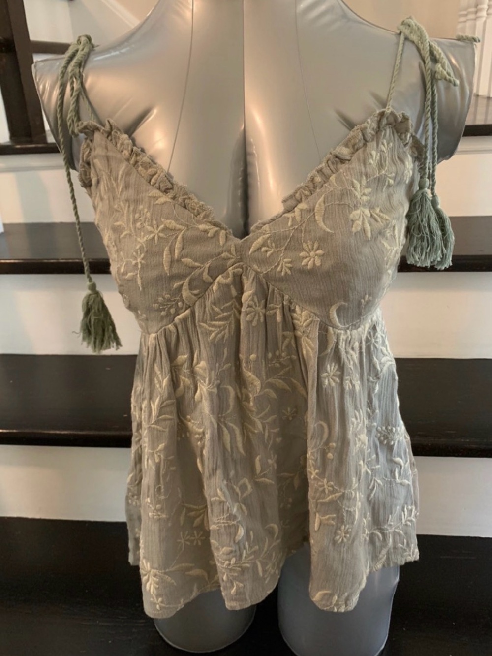 Mustard Seed Sage Green Embroidered Tie-Strap Tank